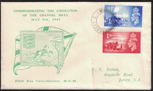 GB, KGVI, 1948, LIBERATION OF CHANNEL ISLANDS, ILLUSTRATED FDC, JERSEY PMK.