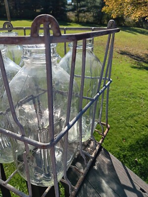 Vintage Wire Metal Milk Crate With Six Half Gallon Glass Bottles