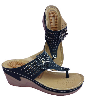 Black Aomigoct Wedge Sandals Size 10 US Women with High Increased Flower Bling