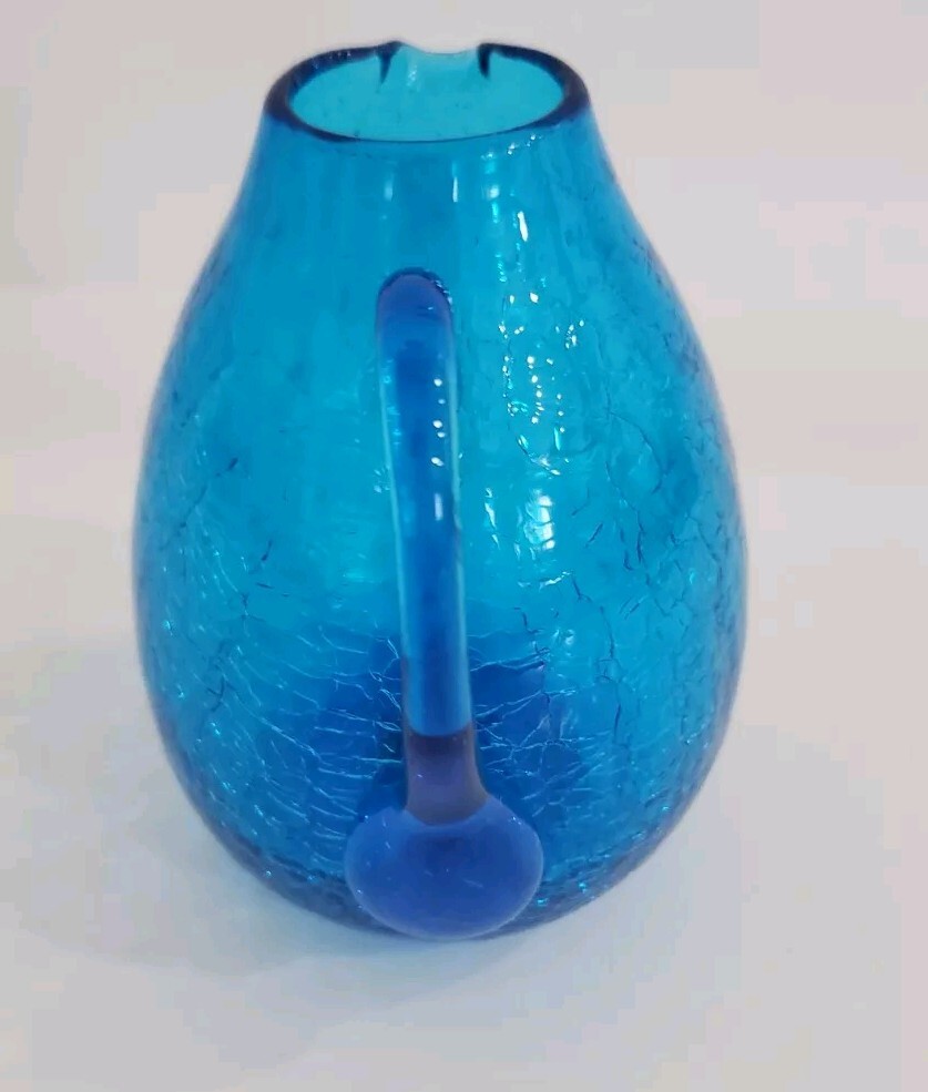 Vintage Blue Crackle Glass Mini Pitcher Bud Vase Applied Handle Approx 3.5”H