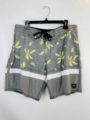 Rusty Board Shorts Gray Yellow Palm Tree Swim Swimsuit Trunks Size 36 - Picture 1 of 9