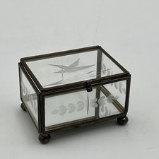 VTG Jewelry Trinket Keepsake Display Box Brass Glass Footed Curio Etched Bird