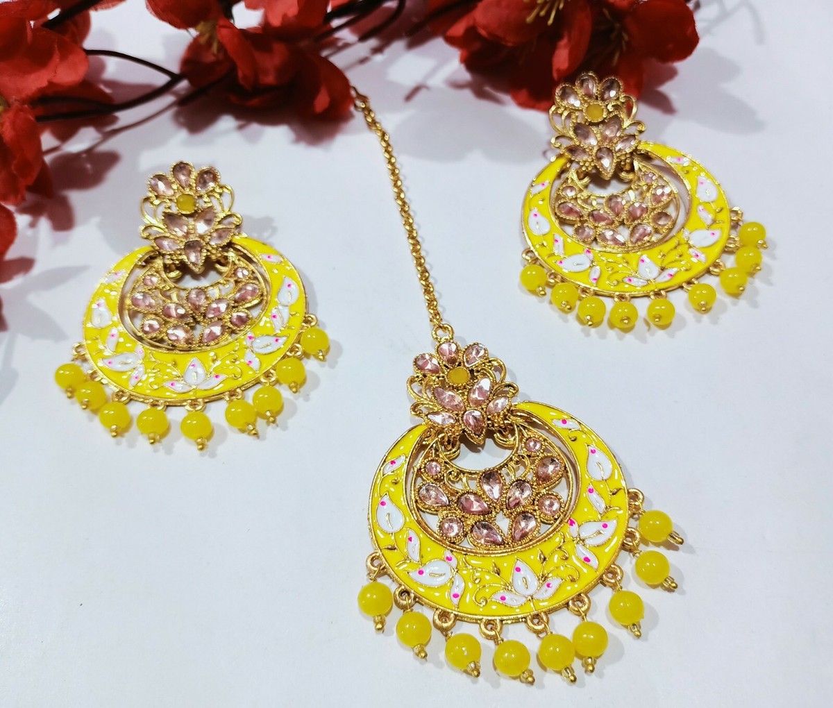 Indian Bridal CZ Earrings With Maang Tikka Gold Plated Wedding