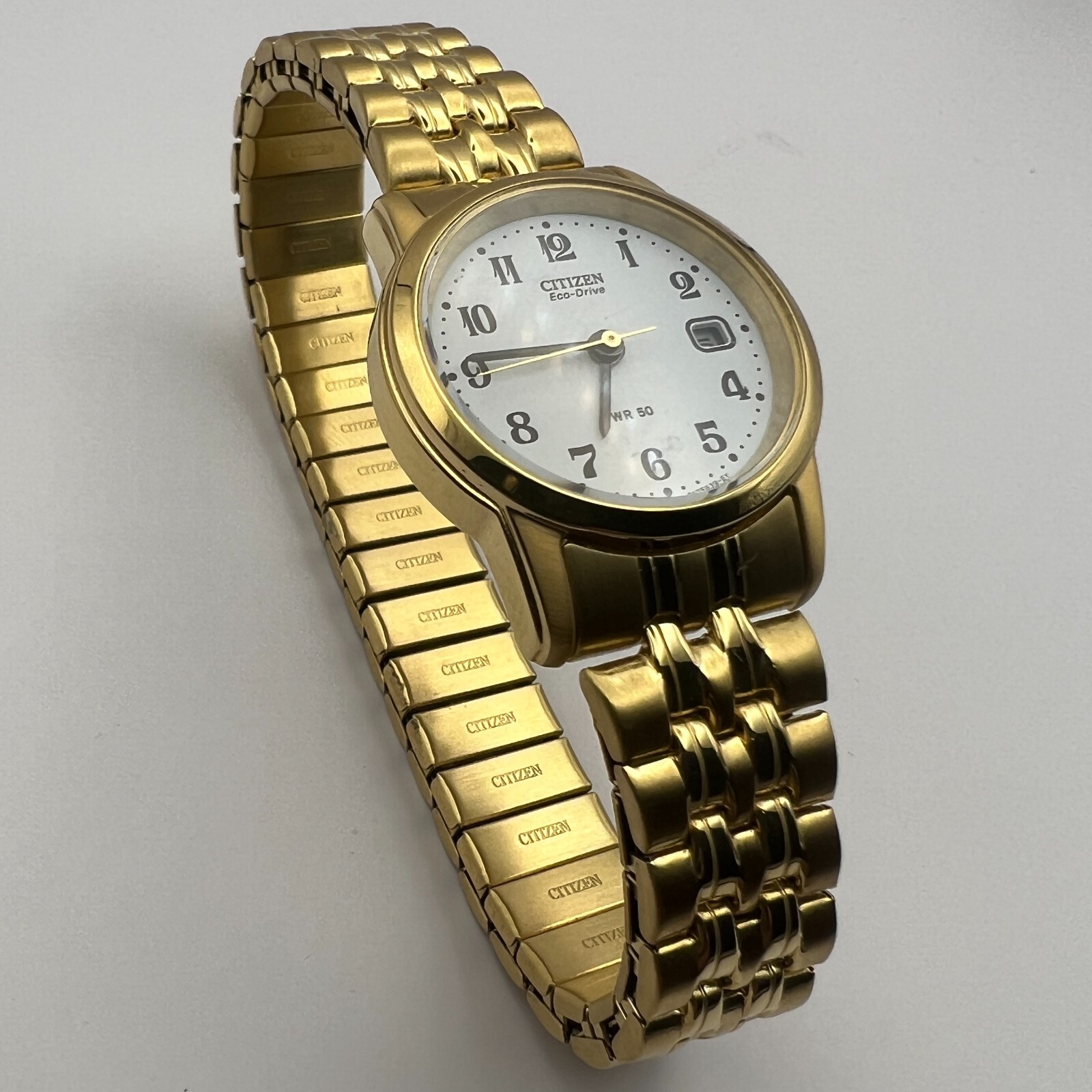 Citizen Ladies Eco Drive White Dial Gold Tone Expander Bracelet Dated