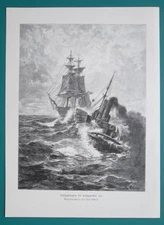 STEAM SHIP & Sailship at High Sea- VICTORIAN Era Engraving Print