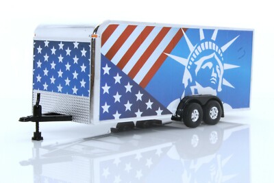 USA Flag Enclosed Box Trailer/ Patriotic Themed Car Hauler, 1/64