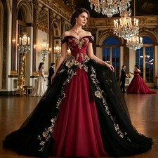 Tulle Ball Gown Wedding Dress Off Shoulder Gold Lace Applique Gothic Bridal Gown