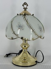 Vintage 3-Way Gold Tone Touch Accent Lamp 6 Swoop Blue Floral Glass Panels 14