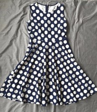 Tahari Navy White Polka Dot Fit & Flare Dress Womens 8 Sleeveless Knit Preppy