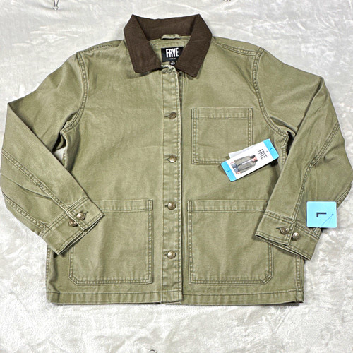 Frye, FRYE NEW Women Barn Jacket Sz L Olive Cotton Canvas Button Front Corduroy Collar