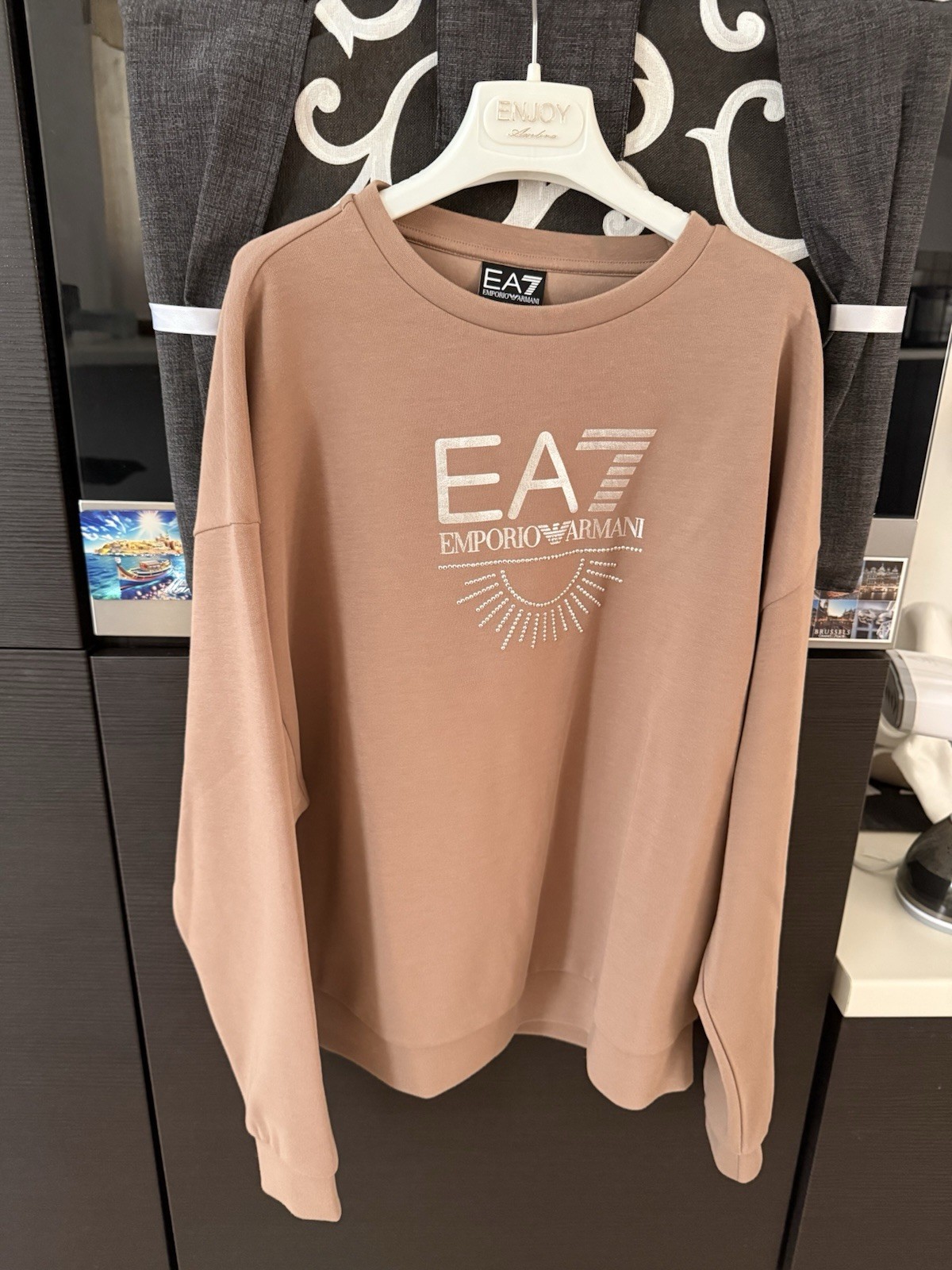 EA7 Emporio Armani Tuta donna S beige cotone felpa+pantaloni logo 2 pezzi