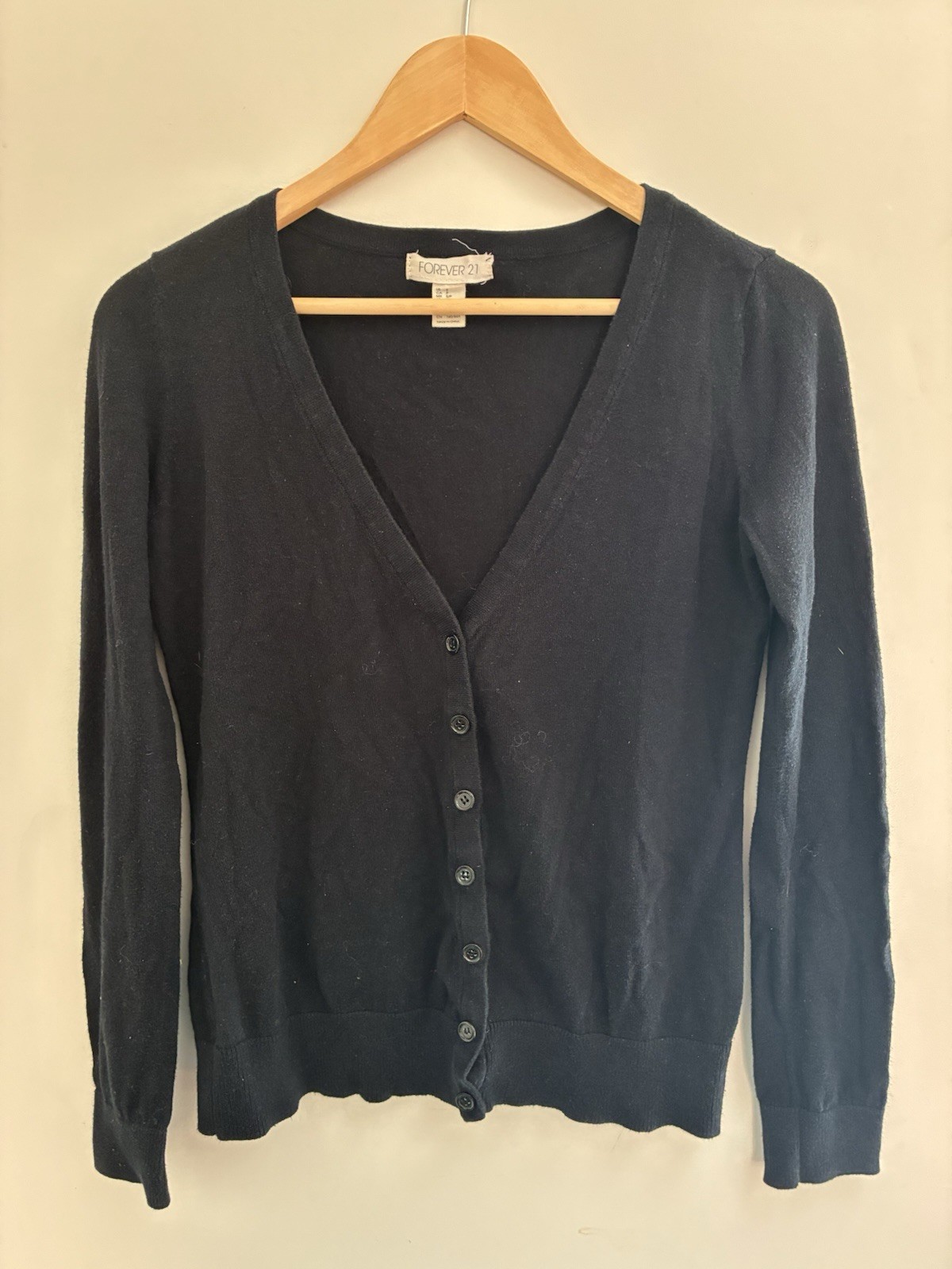 Forever 21 Women's Solid Black Sheer Cotton Button-Front Long Sleeve Cardigan S