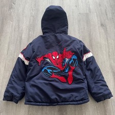 Vtg Marvel Spiderman Reversible Hooded Puffer Jacket Navy Grey Kids Size 6 2005