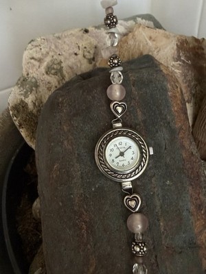 VTG  Rose Quartz Sterling Silver 925 Bracelet Watch Handmade Artisan Heart Charm