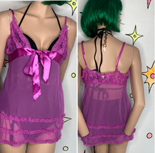 Fuchsia Pink Lace Babydoll Slip Dress Fredericks of Hollywood Y2K L