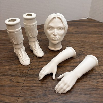 Unpainted Ceramic Bisque Native American Woman Doll Head Hands Moccasins DIY
