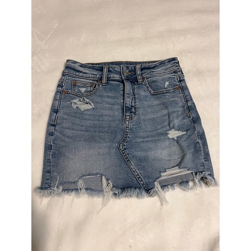 American Eagle Mini Skirt Denim Cotton Distressed Raw Hem Hi-Rise Blue Y2K Boho