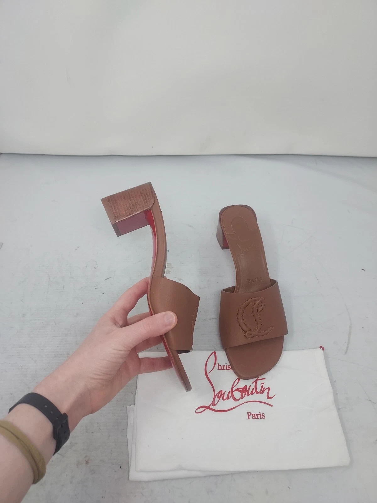 Christian Louboutin — Christian Louboutin EU 37 US 7 Women NEW Brown Heel CL Logo Mule Slide Sandal