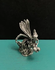 Hudson Pewter Fairy Pixie Forest Fae Riding Dragonfly Insect Wings Mini Figurine