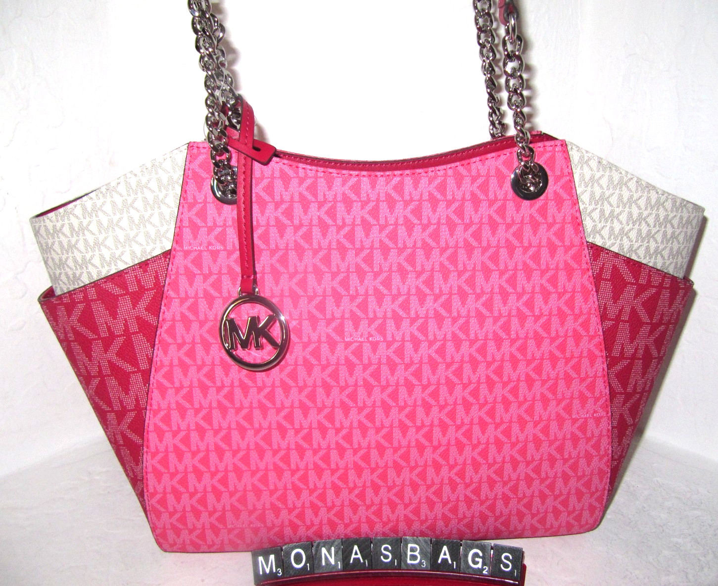 Michael Kors Jet Set Travel LG Chain Shoulder Tote Logo Bag Dragonfruit Pink NWT thumbnail 2