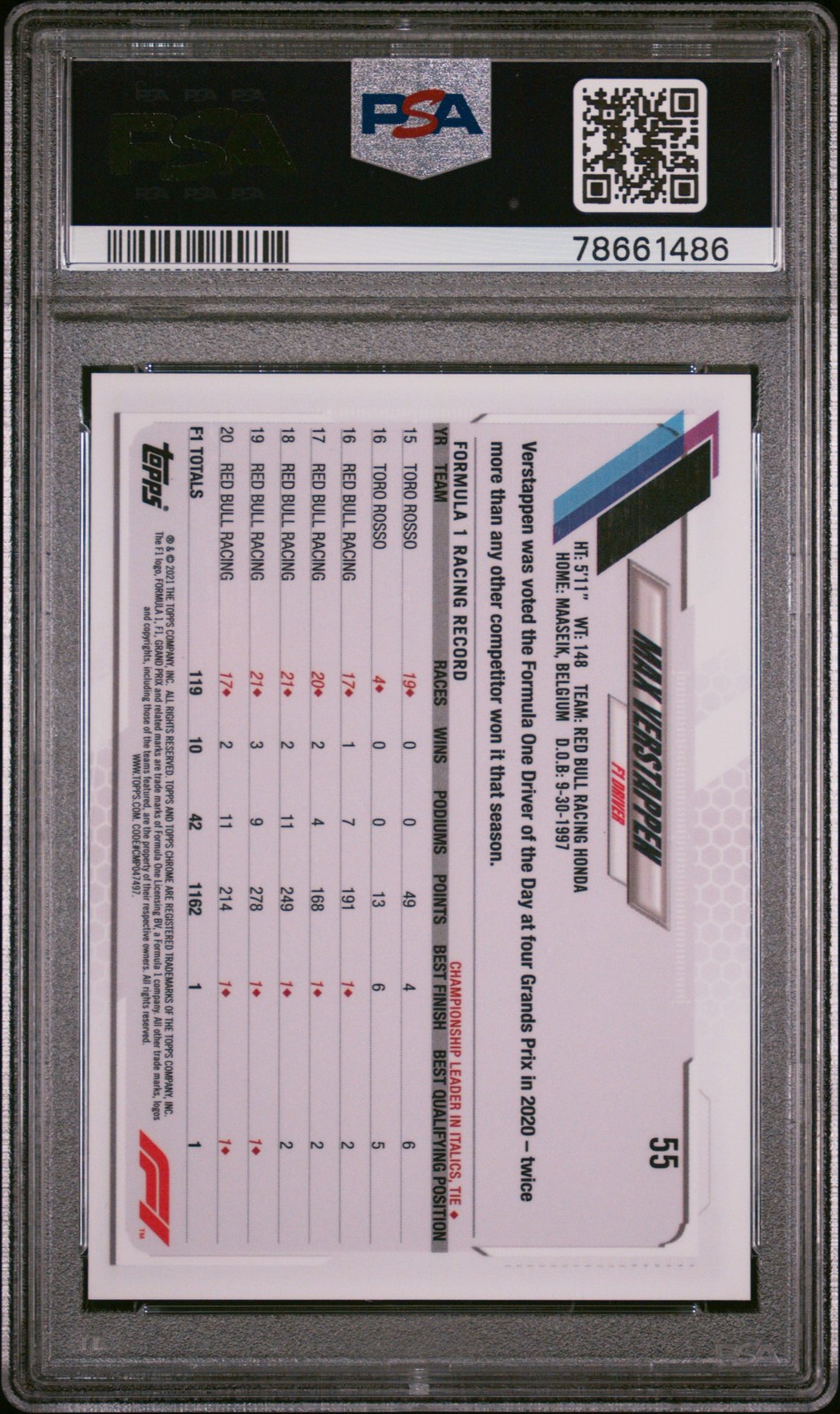 2021 TOPPS CHROME FORMULA 1 #55 MAX VERSTAPPEN PSA 10 view 2