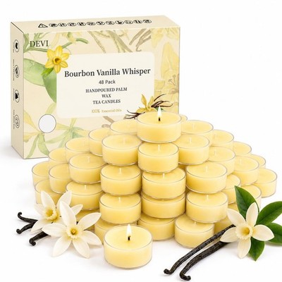 Devi Vanilla Bean Highly Scented Tea Lights Candles 48 Pack 5-6 Hours Natural