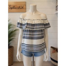 Splendid Coastal Striped Off Shoulder Ruffle Cotton Top Large