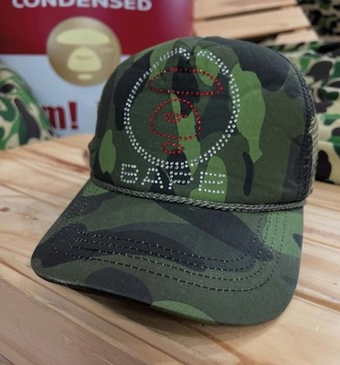 Vtg OG A Bathing Ape Bape Sta Swarovski Crystal Green Camo Trucker Hat Kaws Nigo