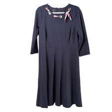 Talbots Ponte Fit & Flare Midi Dress Size 12 Navy Blue Grommet Scarf 3/4 Sleeve