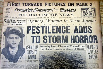 1925 headline display newspaper w THE DEADLIEST TORNADO OUTBREAK in US HISTORY