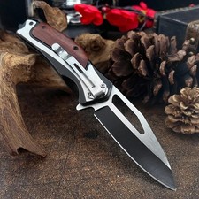 8.2 Wood Black Tactical Spring Assisted Open Blade Folding Pocket Knife Hunting