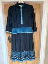 Vintage Style Lyogaard Detailed Dress In Deep Navy With Teal/turquoise Size M