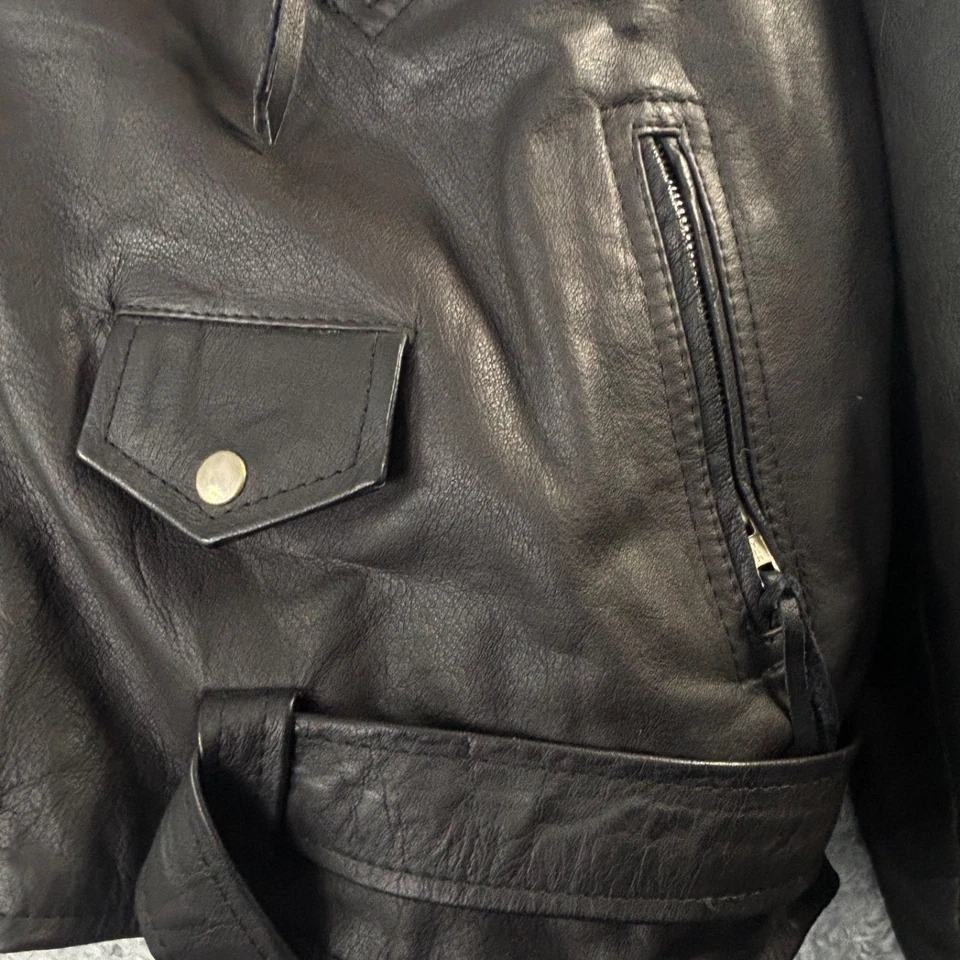 Chaqueta de moto vintage de cuero diamante color negro cintura con cinturón 56 talla XXXL Foto 3 de 4