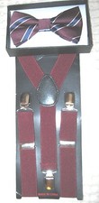 Kids Teens Burgundy Blue Stripe Adjustable Bow Tie  Burgundy Suspenders-New 
