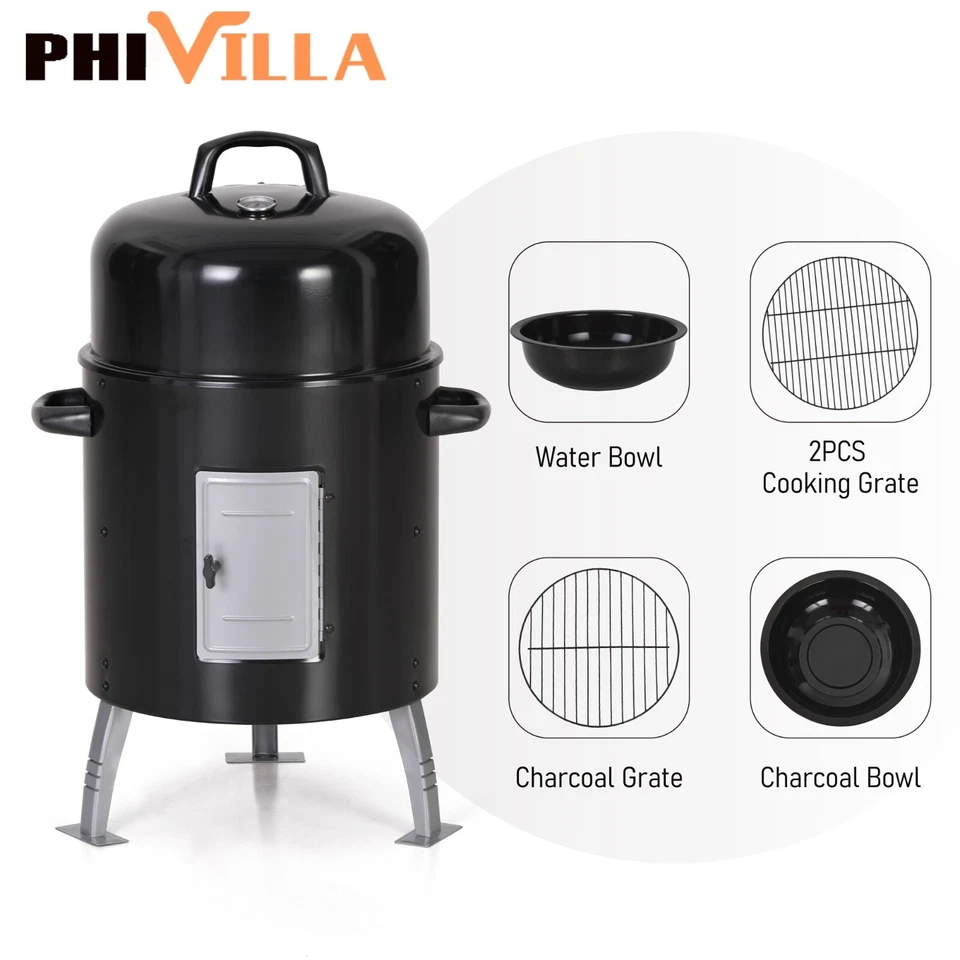 CAPTIVA DESIGNS 17"Outdoor Vertical Charcoal Smoker Grill BBQ Heavy Duty Patio Grill w/Two Grate