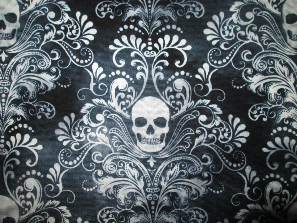 Calaveras elegante calavera de azúcar barroca tela de algodón negro fq  Foto 2 de 4