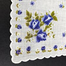 White with Violet Flowers Handkerchief Scalloped Edges Cotton 12x12" Hankie