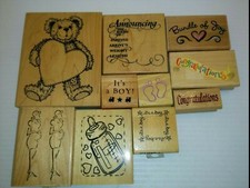 ASST. BABY THEME RUBBER STAMPS: IT'S A BOY BOTTLE FEET CONGRATS ETC. LOT OF 10