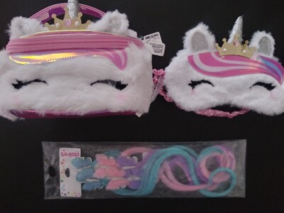 Claire's Fuzzy Plush Unicorn Makeup Bag Girls Zip Bag hair clip+