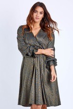 Handpicked by Birds Long Sleeve Brown Blue Viscose A Line Pleated Size 14 BNWOT