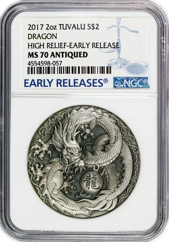 2017 $2 Tuvalu Dragon High Relief 2oz Silver NGC MS70 Antiqued Early Releases