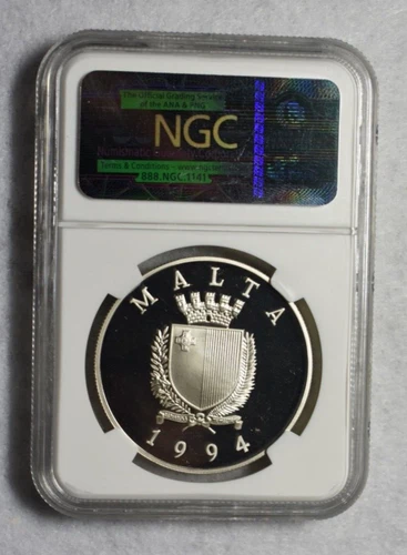MALTA 5 LIRA 1994 NGC CERTIFIED PROOF 68 LARGE SILVER COIN ( stock# 101)