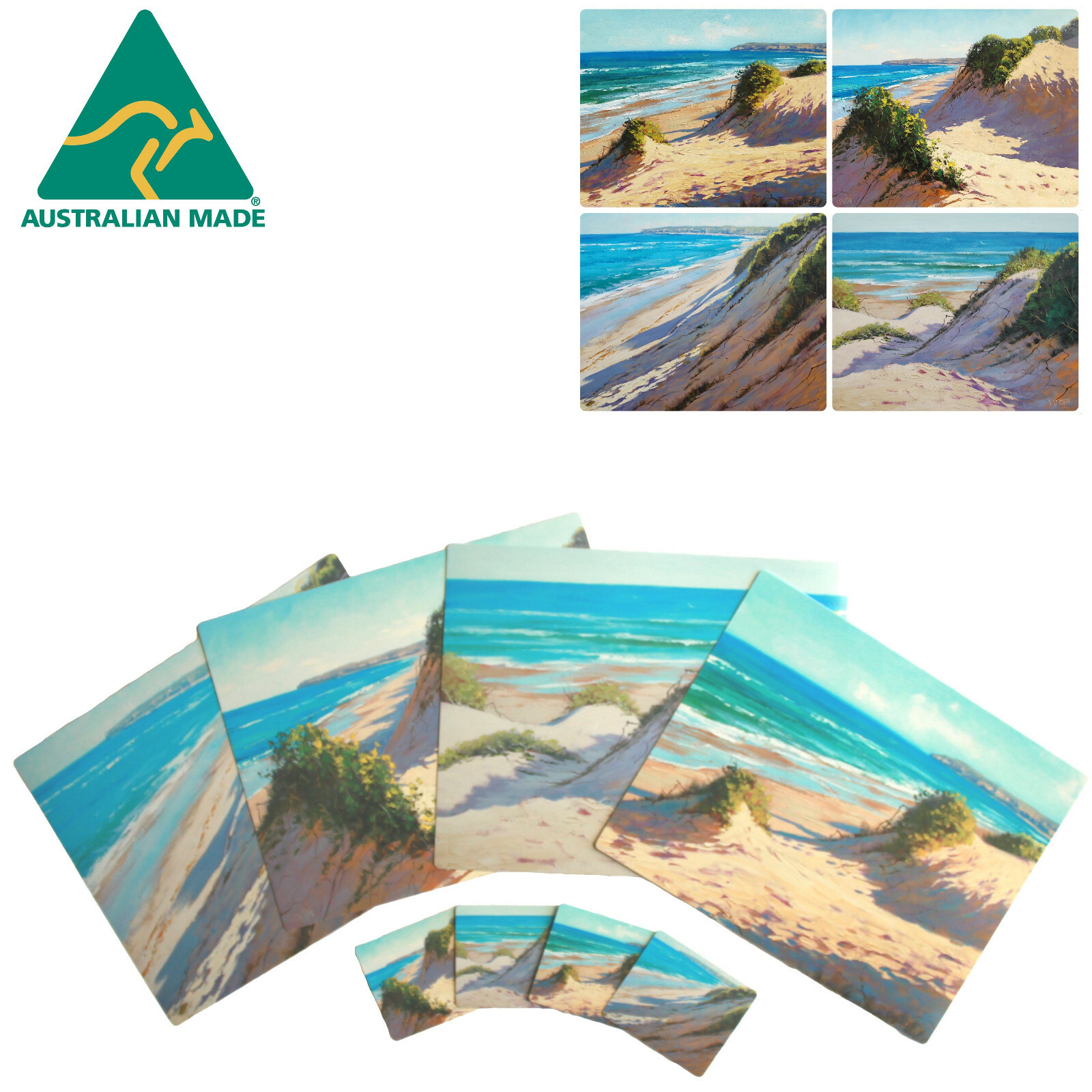 4 PLACEMATS + 4 COASTERS AUSTRALIAN, SAND DUNES, OCEAN, BEACH, SEA