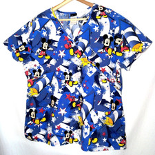 Disney Mickey Mouse Scrub Top Women XL Blue Stars Faux Wrap Short Sleeve Shirt