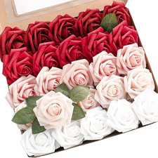 Artificial Flowers 25Pcs Real Looking Dark Red Ombre Colors Foam Fake Roses with