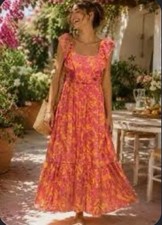 Robert Louis Sundress Womens M Pink Floral Smocked Ruffle Maxi Lined Boho Beachy