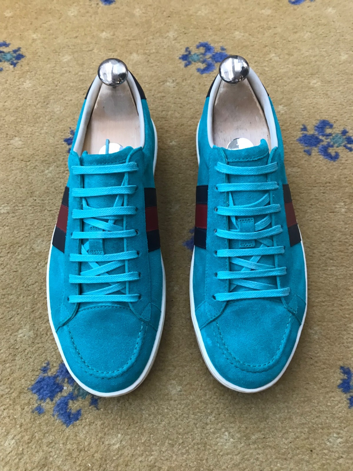 Gucci Ace Trainers Sneaker Shoes Suede Turquoise Web Blue Red Mens US 7 UK 6.5