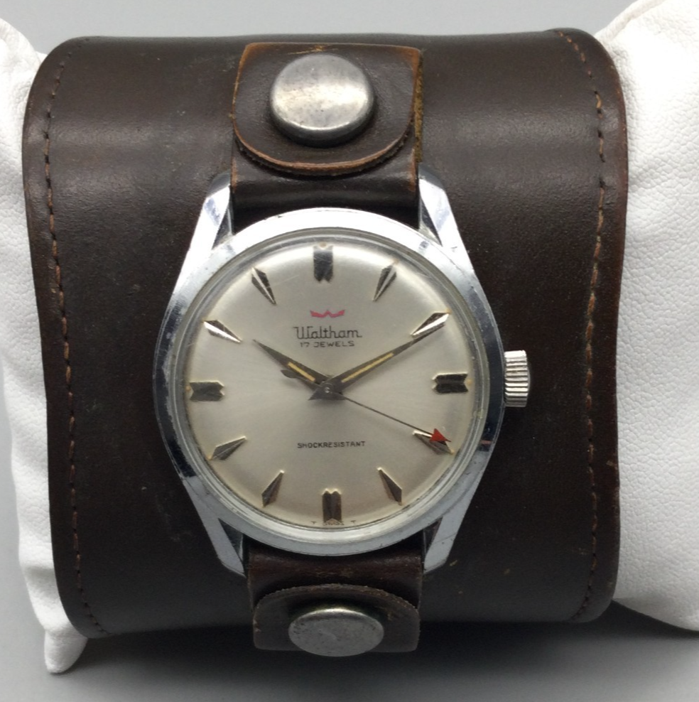 Vintage Waltham Watch Men 34mm Silver Tone Leather Cuff Manual