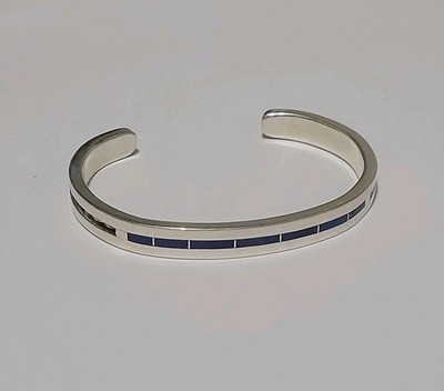 Rare! Gilbert & Mildred Calavaza Zuni Silver Lapis Inlay Bracelet Signed GMC 6.7