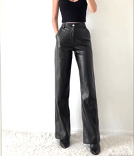 "Women s High Waisted Lambskin Leather Pants Black Wide Leg Trousers Streetwear